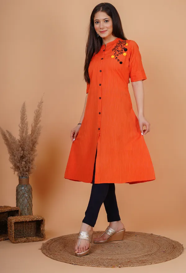 Orange_Khadi_Cotton_Embroidered_A-line_Kurta_for_Women