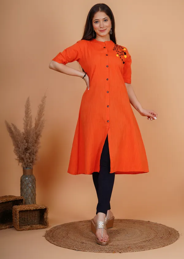 Orange_Khadi_Cotton_Embroidered_A-line_Kurta_for_Women