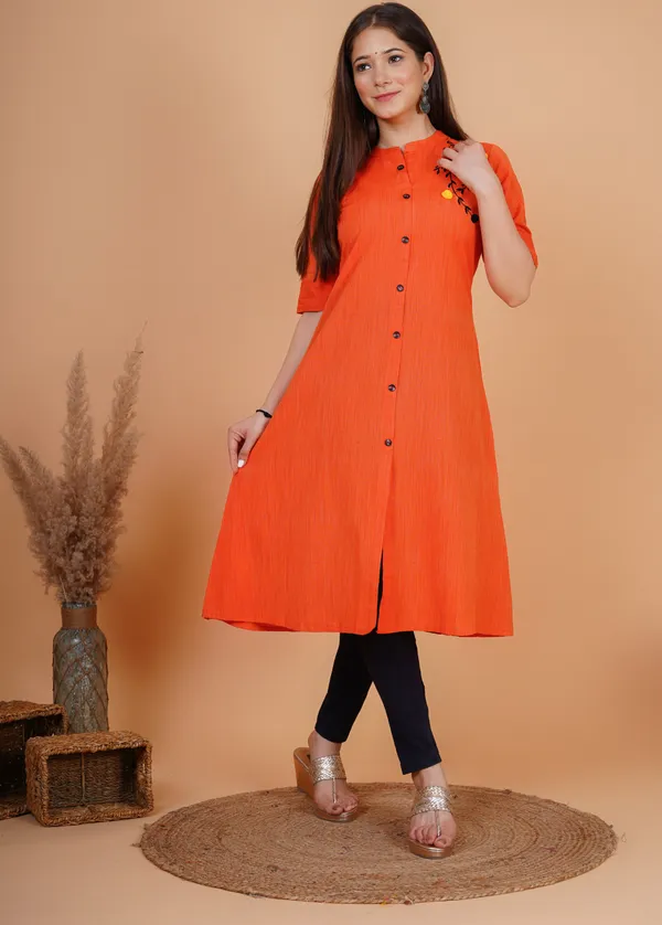 Orange_Khadi_Cotton_Embroidered_A-line_Kurta_for_Women