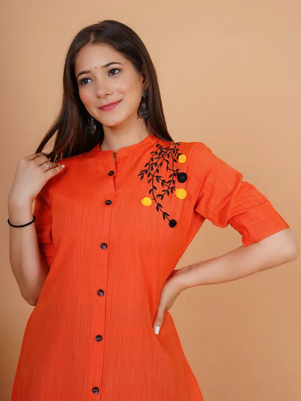 Orange_Khadi_Cotton_Embroidered_A-line_Kurta_for_Women