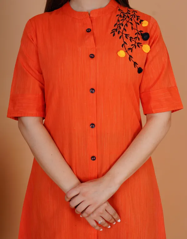 Orange_Khadi_Cotton_Embroidered_A-line_Kurta_for_Women