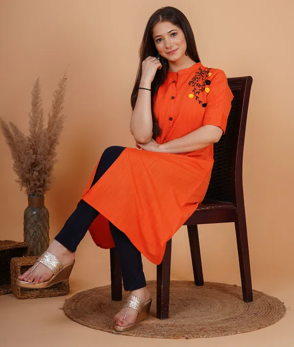 Orange_Khadi_Cotton_Embroidered_A-line_Kurta_for_Women