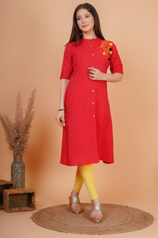 Red_Khadi_Cotton_Embroidered_A-line_Kurta_for_Women