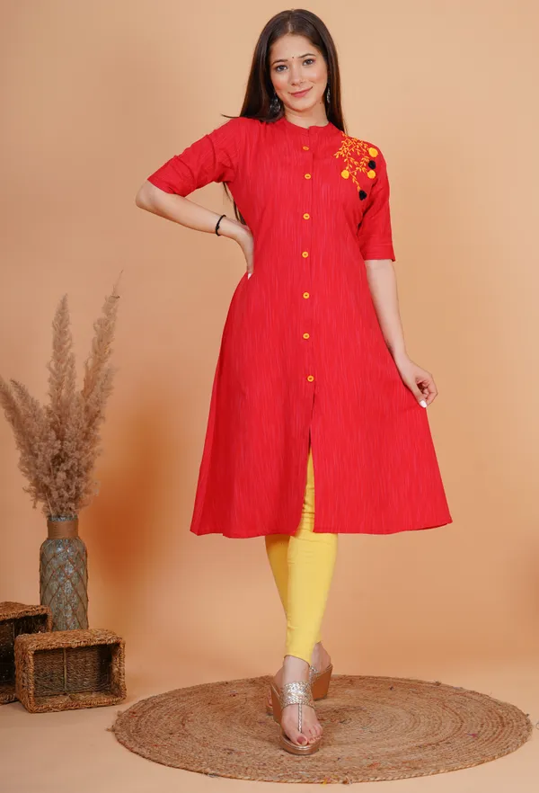 Red_Khadi_Cotton_Embroidered_A-line_Kurta_for_Women