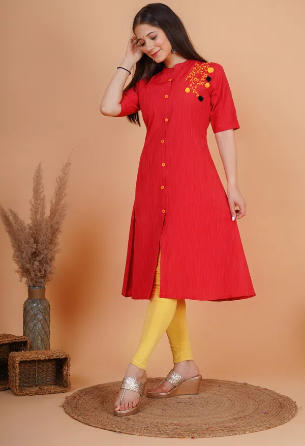 Red_Khadi_Cotton_Embroidered_A-line_Kurta_for_Women