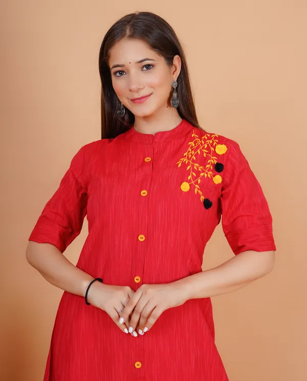 Red_Khadi_Cotton_Embroidered_A-line_Kurta_for_Women