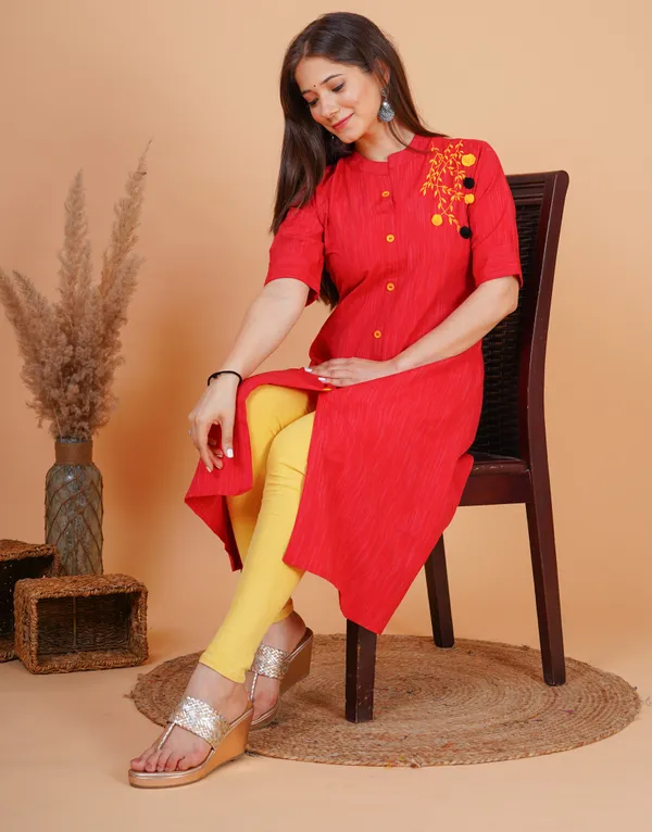 Red_Khadi_Cotton_Embroidered_A-line_Kurta_for_Women