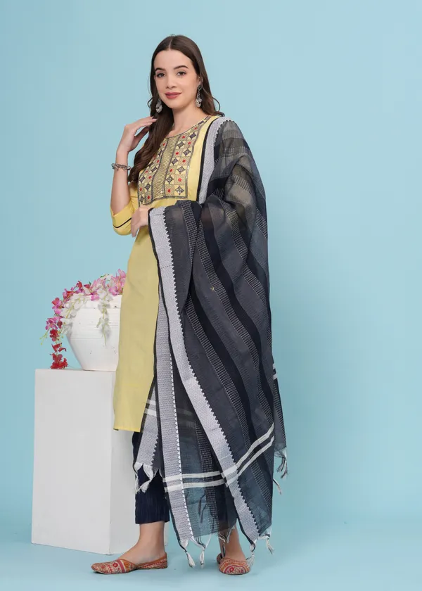 Yellow_Cotton_Blend_Embroidered_Kurta_Pant_Dupatta_Set_for_Women