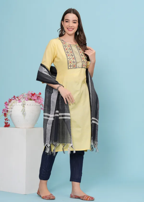 Yellow_Cotton_Blend_Embroidered_Kurta_Pant_Dupatta_Set_for_Women