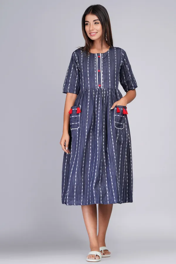 Dark_Blue_Khadi_Cotton_Woven_Design_Flared_Kurta_for_Women