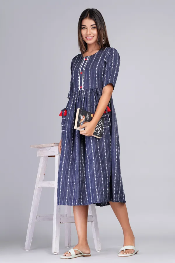 Dark_Blue_Khadi_Cotton_Woven_Design_Flared_Kurta_for_Women