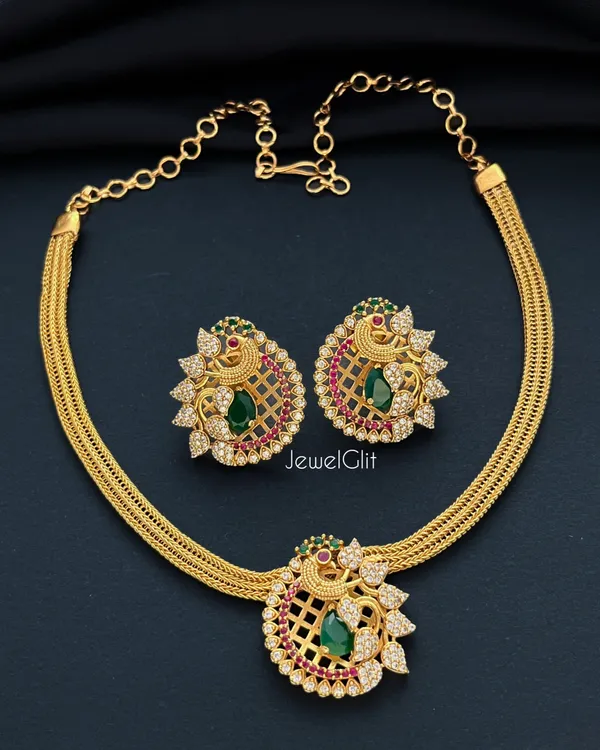 Green_&_White_Brass_Alloy_Antique_Finish_American_Diamond_Necklace_Set_For_Women