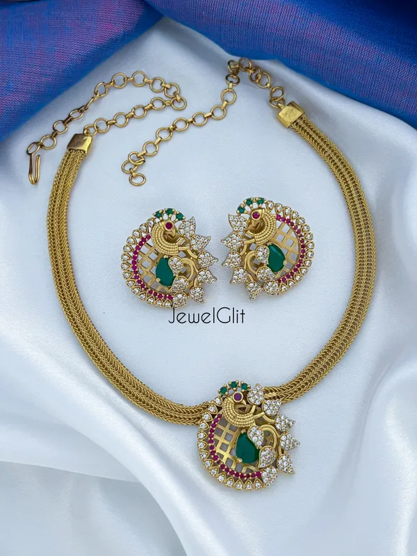 Green_&_White_Brass_Alloy_Antique_Finish_American_Diamond_Necklace_Set_For_Women