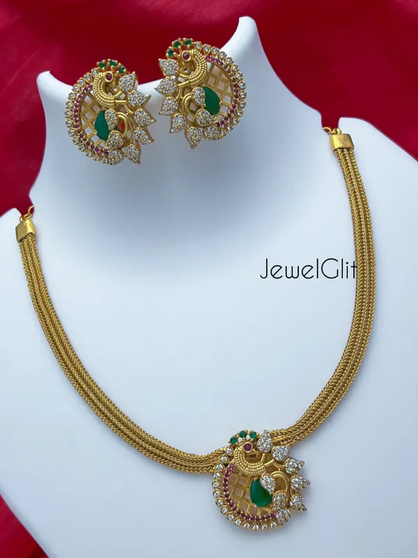 Green_&_White_Brass_Alloy_Antique_Finish_American_Diamond_Necklace_Set_For_Women