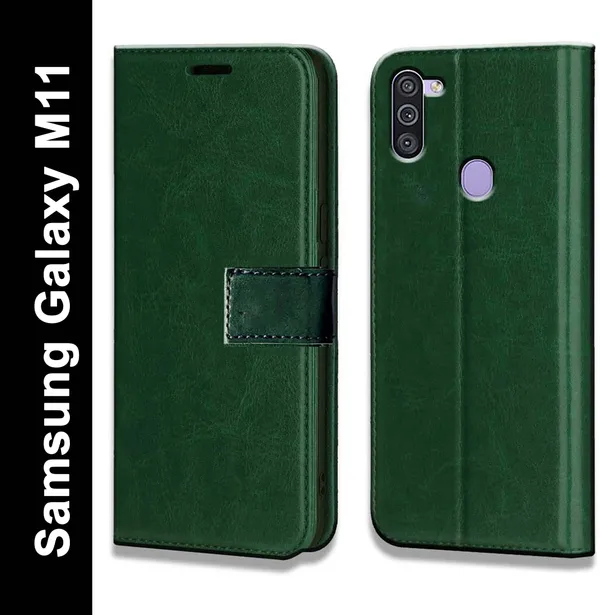 Green_Leather_Samsung_Galaxy_M11_Flip_Cover