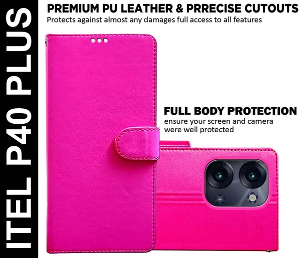 Pink_Artificial_Leather_Itel_P40_Plus_Flip_Cover