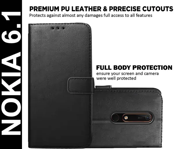 Black_Artificial_Leather_Nokia_6.1_Flip_Cover