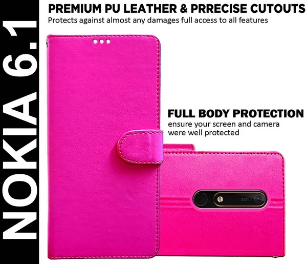 Pink_Artificial_Leather_Nokia_6.1_Flip_Cover