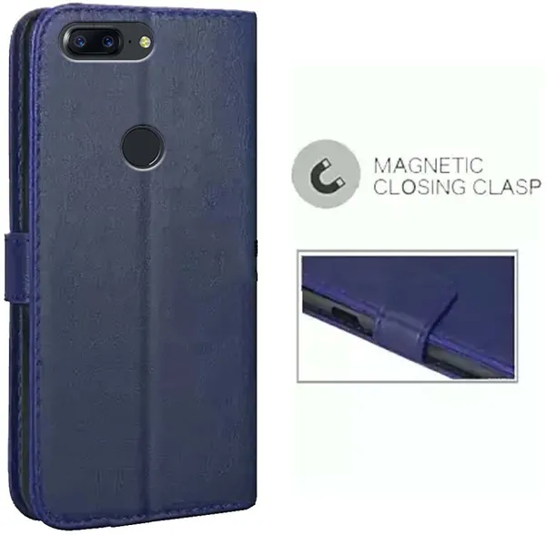 Blue_Artificial_Leather_OnePlus_5T_Flip_Cover