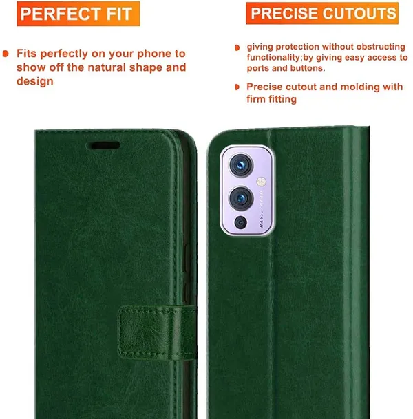 Green_Artificial_Leather_OnePlus_9_Flip_Cover