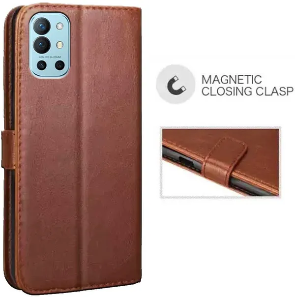 Brown_Artificial_Leather_OnePlus_9R_Flip_Cover