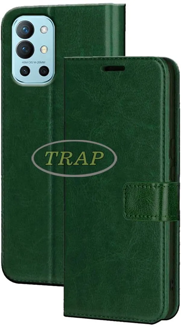 Green_Artificial_Leather_OnePlus_9R_Flip_Cover