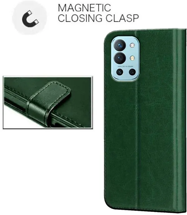 Green_Artificial_Leather_OnePlus_9R_Flip_Cover