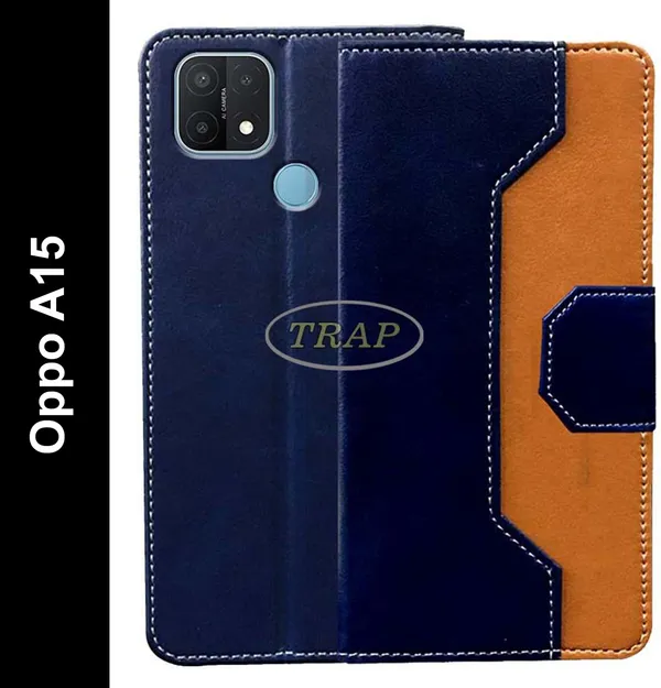 Blue::Brown_Artificial_Leather_Oppo_A15_Flip_Cover