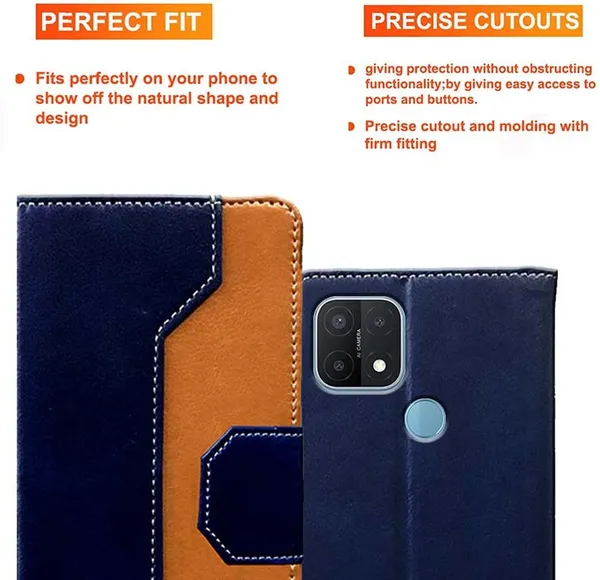 Blue::Brown_Artificial_Leather_Oppo_A15_Flip_Cover