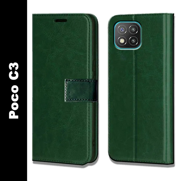 Green_Leather_Poco_C3_Flip_Cover