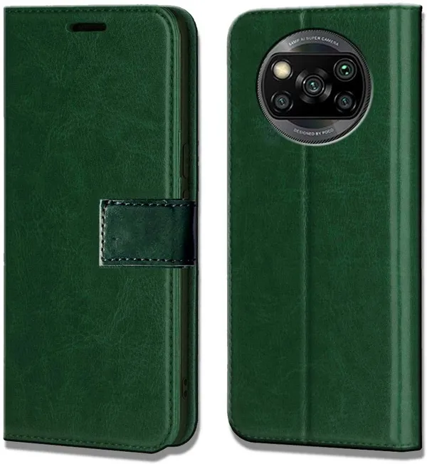 Green_Leather_Poco_X3_Flip_Cover
