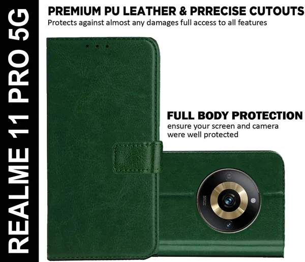Green_Artificial_Leather_Realme_11_Pro_5G_Flip_Cover