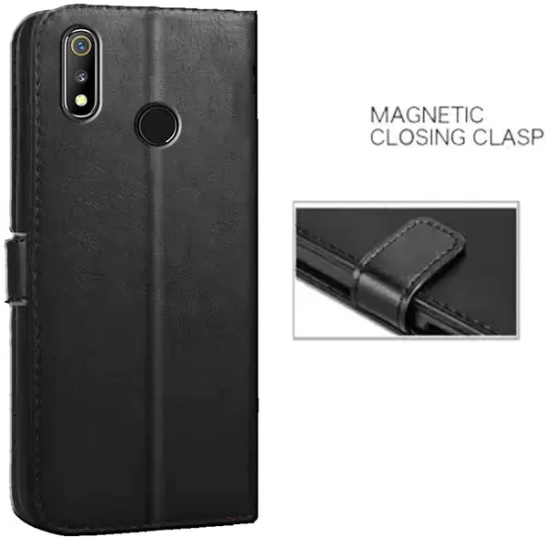Black_Artificial_Leather_Realme_3_Flip_Cover