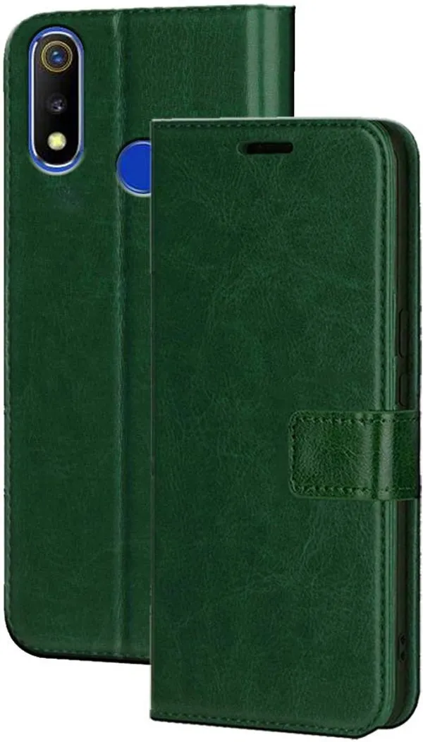 Green_Artificial_Leather_Realme_3_Flip_Cover