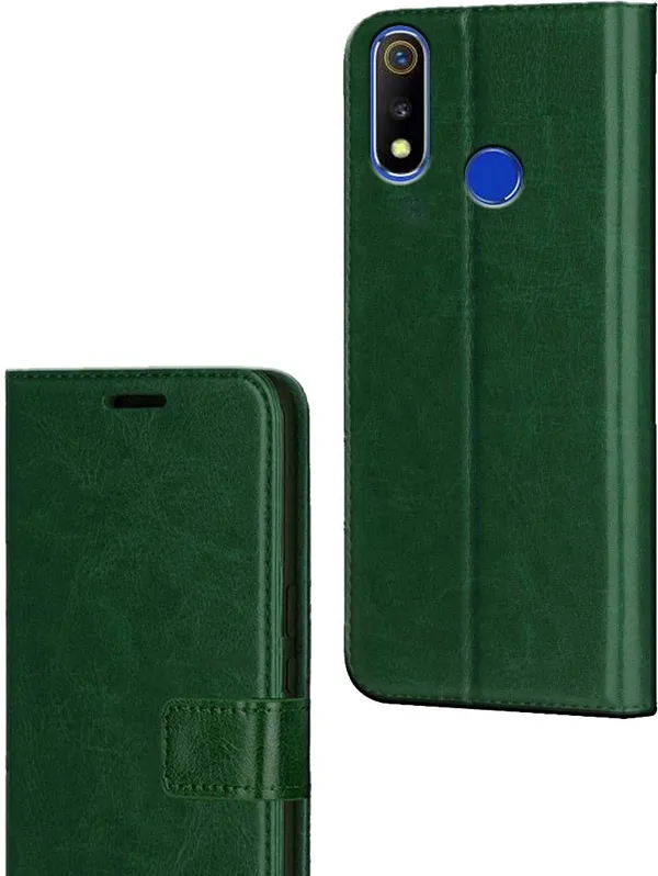 Green_Artificial_Leather_Realme_3_Flip_Cover