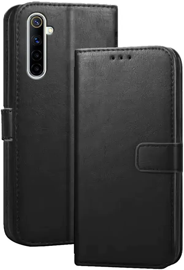 Black_Artificial_Leather_Realme_6_Flip_Cover