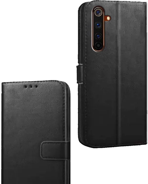 Black_Artificial_Leather_Realme_6_Pro_Flip_Cover