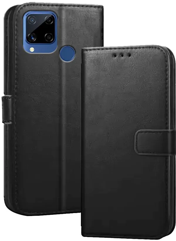 Black_Artificial_Leather_Realme_C15_Flip_Cover