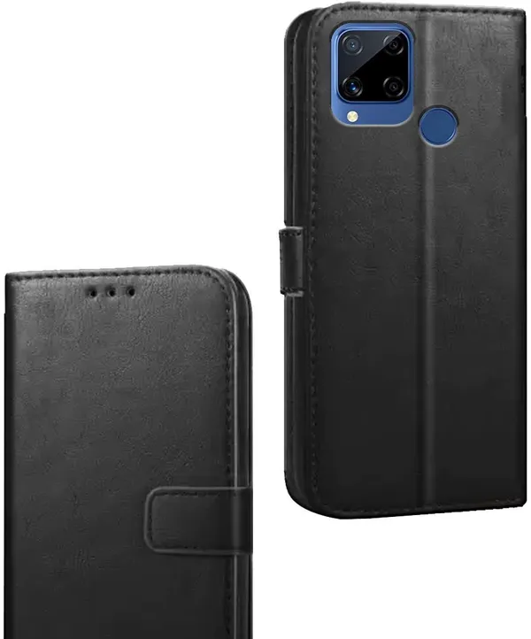 Black_Artificial_Leather_Realme_C15_Flip_Cover