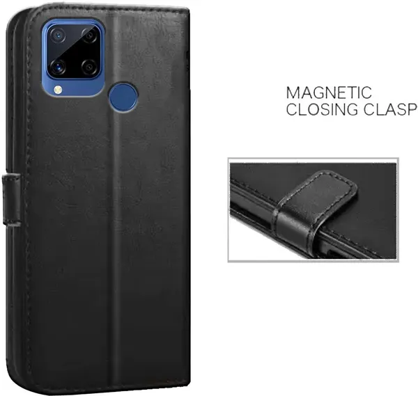 Black_Artificial_Leather_Realme_C15_Flip_Cover