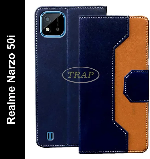 Blue::Brown_Artificial_Leather_Realme_C20&Realme_Narzo_50i&Realme_C11_2021_Flip_Cover