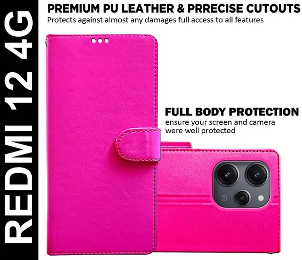 Pink_Artificial_Leather_Redmi_12_4G_Flip_Cover