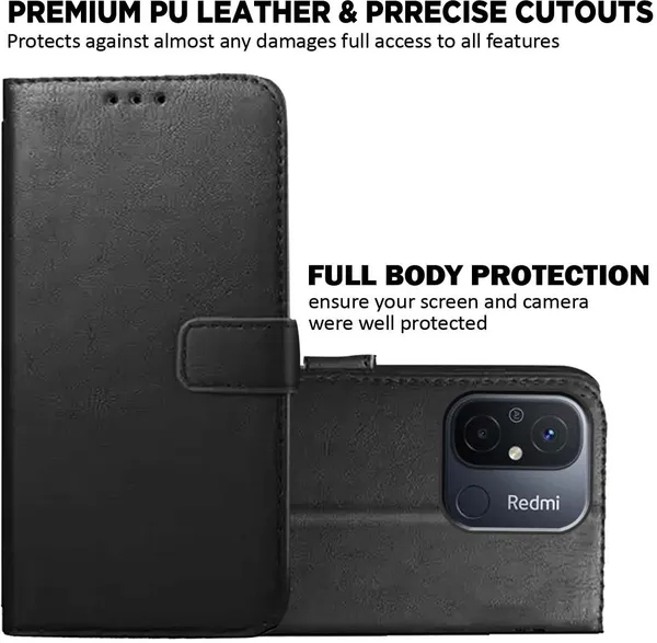 Black_Artificial_Leather_Redmi_12C&POCO_C55_Back_Cover