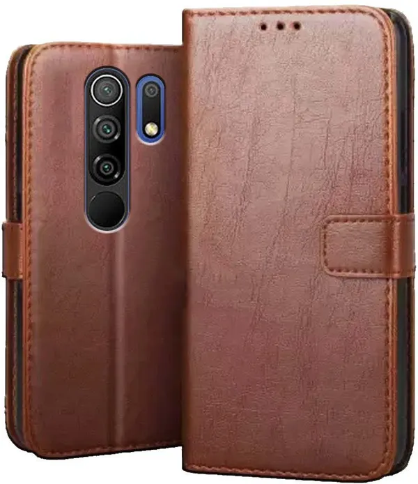 Brown_Leather_Redmi_9_Prime_Flip_Cover