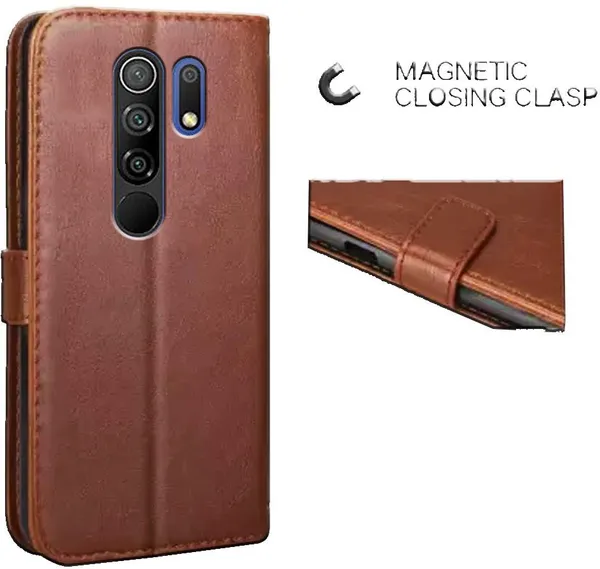Brown_Leather_Redmi_9_Prime_Flip_Cover