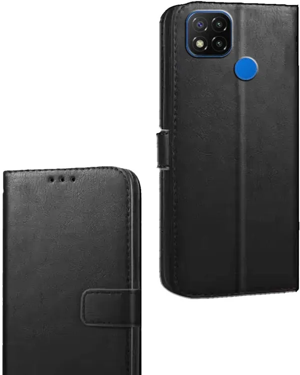 Black_Artificial_Leather_Redmi_9C_Flip_Cover