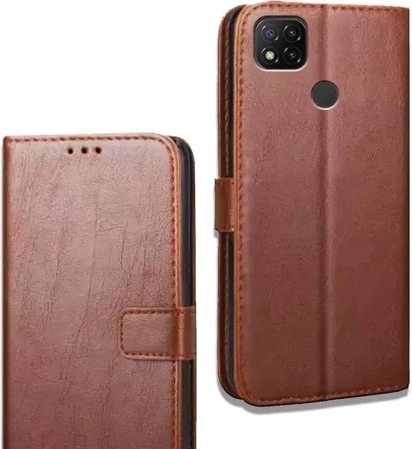 Brown_Leather_Redmi_9C_Flip_Cover