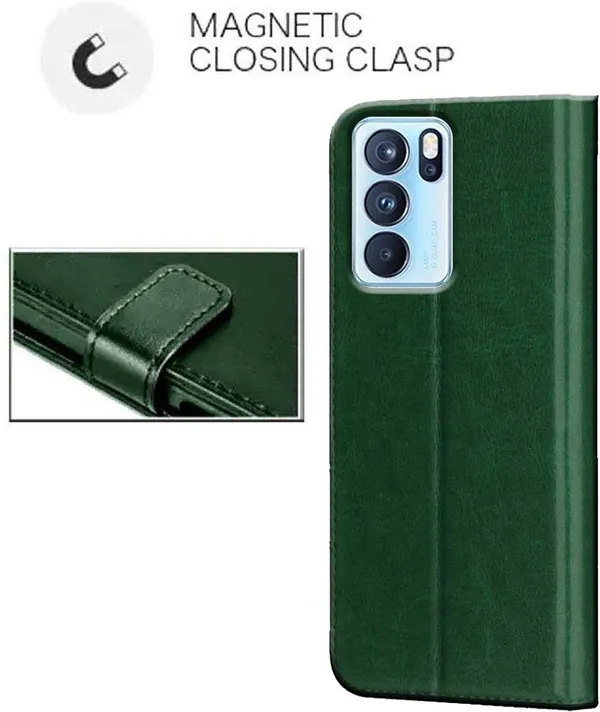 Green_Artificial_Leather_Reno_6_Pro_5G_Flip_Cover