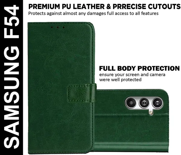 Green_Artificial_Leather_Samsung_F54_Flip_Cover