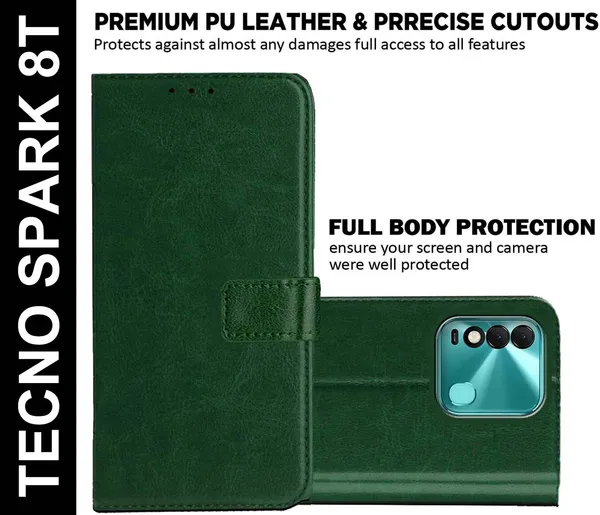 Green_Artificial_Leather_Tecno_Spark_8T_Flip_Cover